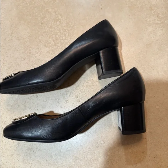 Tory Burch Black Heels with Gold Emblem - Picture 3 of 8